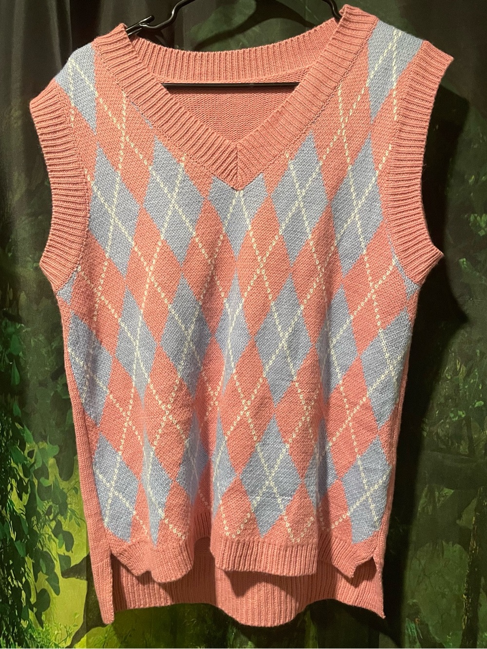 Argyle V-Neck Sweater Vest in Pink and Light Blue